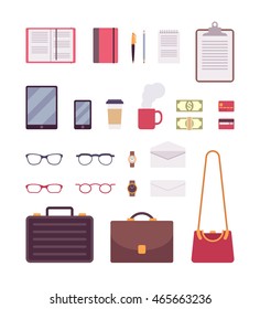 Set of business items isolated against the white background. Organizer, notebook, paperpad, tablet, smartphone, papercup, mug, papermoney, credit card, glasses, watches, enelope, letter, briefcase