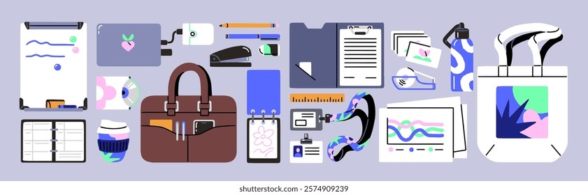 Set of business items. Office supplies for work: stuff badge, briefcase, notepad, notebook, laptop, clipboard with papers. Employees' stationery, corporate elements. Flat isolated vector illustrations