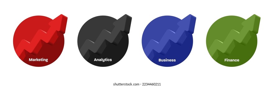 Set of business labels, circle with 3d arrows pop up from it in different colors