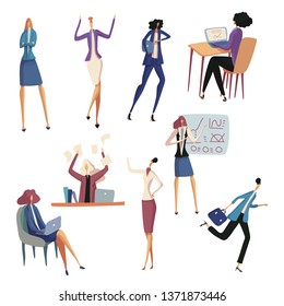 Set of business lady in the office. Vector illustration.