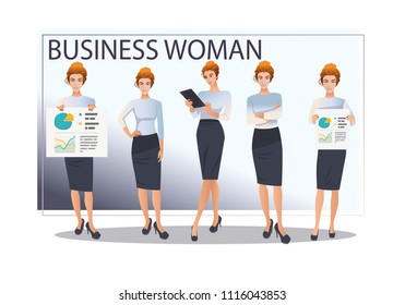 Set of business lady working vector character design. Presentation in different actions with emotions, work with tablet standing.