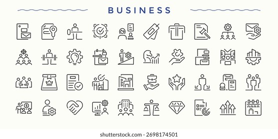 Ícone Conjunto de Linhas de Negócios. Incluídos profissão, organização, empresa, economia, comércio e muito mais. Pacote de ícones da Web. Ícone profissional definido em estilo linear. Ilustração vetorial.