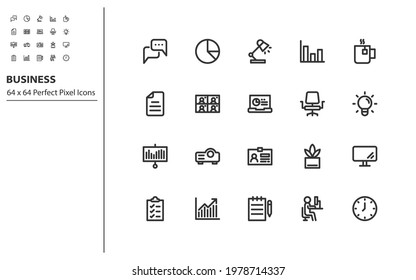 set of business line icons 64x64px, office, job, company, workplace
