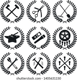 Set of Business Logos. Mechanic, Gardener, Barbershop, Repair, Journalist, Plumber, Gardener, Shovel, Lumberjack. Vector Illustration.
