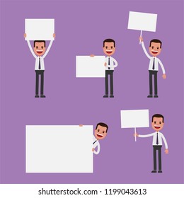 Set of business man with blank banner in various actions. Vector character design.