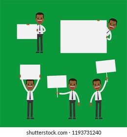 Set of business man with blank white banner in various actions. Vector character design.