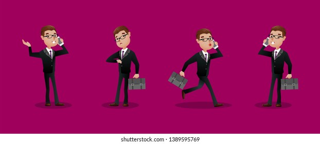 Set of business man with briefcase and cell phone. Standing, walking, talking, running. Vector character design flat style