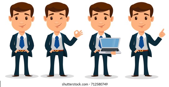 Set of business man cartoon character in smart clothes, office style. Young handsome businessman in suit. Vector illustration.