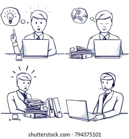 Set of business man cartoon illustration. Sitting scenes: customer support service, had an idea, he is busy, doesn't have time to work, dreams of a vacation. Hand drawn doodle vector illustration.
