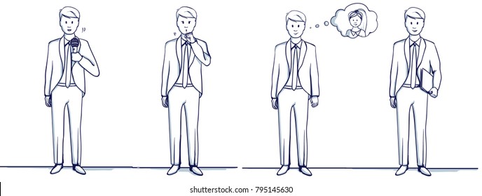 Set of business man cartoon illustration. Stands scenes: He is happy, remembers the woman, coughs, fell ill, holds a folder, with a microphone, sings or speaks.Hand drawn doodle vector illustration.
