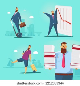 Set of Business Man character design. Vector illustration, isolated on blue background.