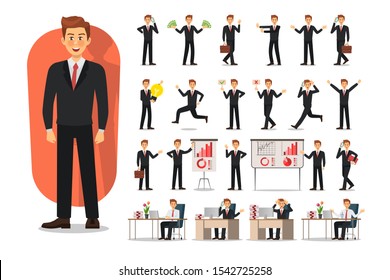 Set of Business man character design. Office worker man. Vector illustration.