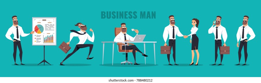 Set of Business Man character design. Vector illustration, isolated on blue background.