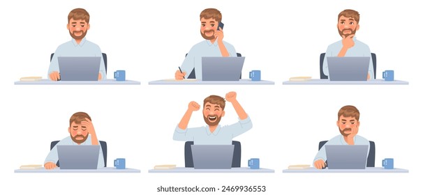 Set of business man character sitting at a desk in front of a laptop. Deadline. Office worker with different emotions at the computer. Vector illustration in cartoon style
