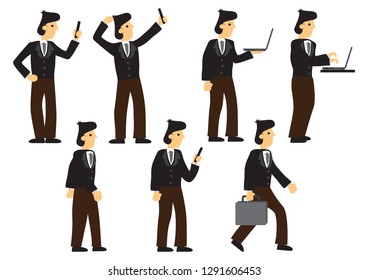 A set of business man with different pose with his computer and mobile phone. Isolated vector illustration. 