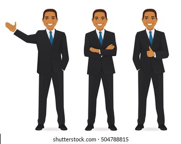 Set of business man in different poses isolated. Thumbing up, showing and with hands crossed