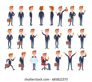 Set of business man in different poses. Vector cartoon character in a flat style for your projects.