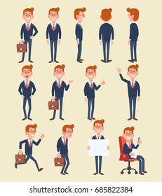 Set of business man in different poses. Vector cartoon character in a flat style for your projects.