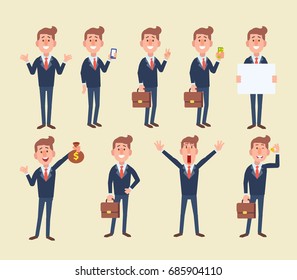 Set of business man in different poses. Vector cartoon character in a flat style for your projects.