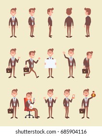 Set of business man in different poses. Vector cartoon character in a flat style for your projects.