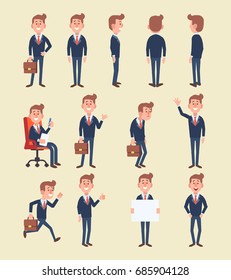 Set of business man in different poses. Vector cartoon character in a flat style for your projects.