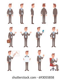 Set of business man in different poses. Vector cartoon character in a flat style for your projects.