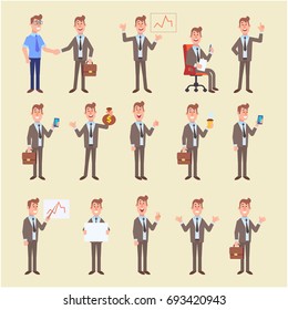 Set of business man in different poses- Part 2. Vector cartoon character in a flat style for your  design and animation projects.