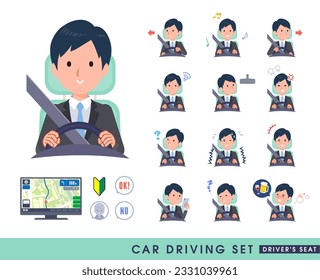 A set of business man driving a car(driving seat).It's vector art so easy to edit.