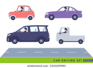 A set of business man driving a car(sideways).It's vector art so easy to edit.