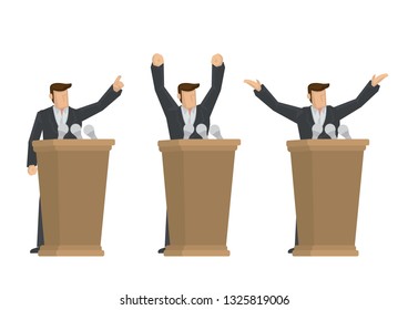 A set of business man giving public speaking. Isolated vector cartoon illustration.