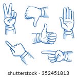 Set of business man hands showing different signs, success, pointing, like, dislike, stop. Hand drawn vector cartoon Illustration