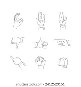 Set of business man hands showing different signs, success, pointing, like, dislike, stop.
