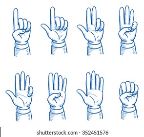 Set of business man hands showing different numbers, counting, pointing, fist. Hand drawn vector cartoon Illustration