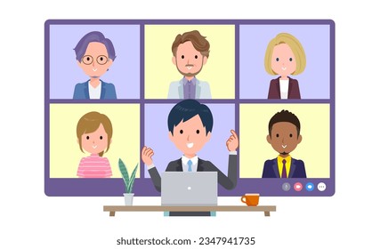 A set of business man having an online meeting with multiple people. Front angle.It's vector art so easy to edit.