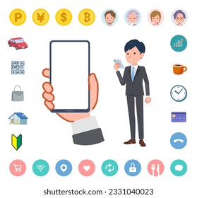 A set of business man looking at a smartphone screen.It's vector art so easy to edit.The inside of the screen is transparent, so it is easy to fit.