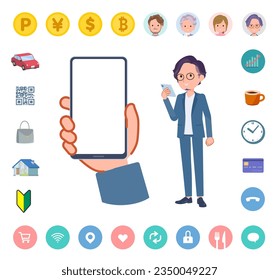 A set of business man looking at a smartphone screen.It's vector art so easy to edit.The inside of the screen is transparent, so it is easy to fit.