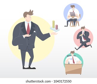 Set of a Business Man in many movement illustration [Present, Working, Transporting, Relax] in flat modern style