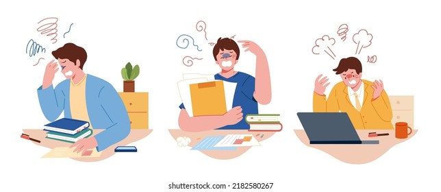 Set of business man and office syndrome symptoms. Flat style illustration of men having headache working in office.