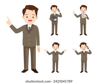 Set of business man or office worker character with various poses, face emotions and gestures. Talking on the phone ,present,point