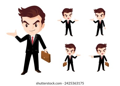 Set of business man or office worker character with various poses, face emotions and gestures. Talking on the phone ,present,point