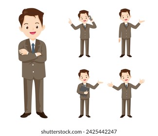 Set of business man or office worker character with various poses, face emotions and gestures. Talking on the phone ,present,point