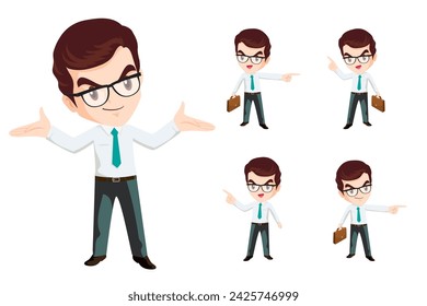 Set of business man or office worker character with various poses, face emotions and gestures. Talking on the phone ,present,point