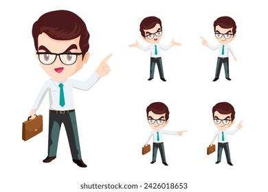 Conjunto de hombre de negocios o personaje de trabajador de oficina con varias poses, emociones de cara y gestos. Hablando por teléfono, presente, punto