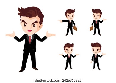 Set of business man or office worker character with various poses, face emotions and gestures. Talking on the phone ,present,point