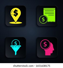 Establezca la mente de planificación del hombre de negocios, el pin de localización de efectivo, la gestión de plomo y la comprobación de papel y la comprobación financiera. Botón cuadrado negro. Vector