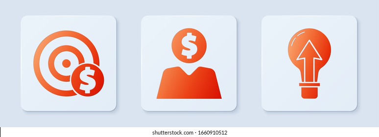 Set Business man planning mind, Target with dollar symbol and Light bulb. White square button. Vector