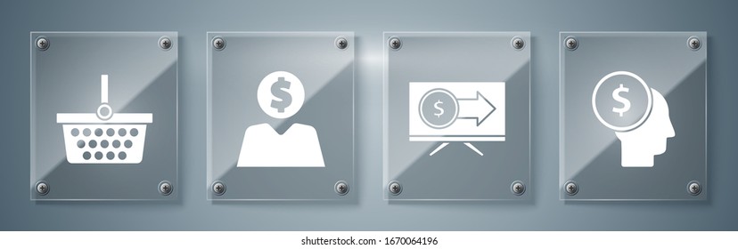 Establezca la mente del hombre de negocios, Monitor con dólar, Business man planea la mente y cesta de compras. Paneles de vidrio cuadrado. Vector
