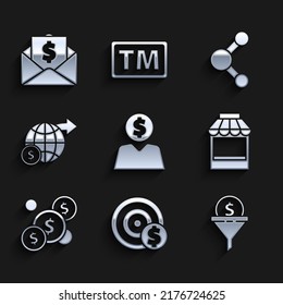 Set Business man planning mind, Target with dollar symbol, Lead management, Shopping building or market store, Coin money, Earth globe, Share and Envelope coin icon. Vector