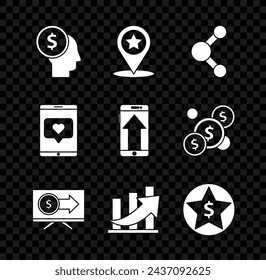 Set Business man planning mind, Map pointer with star, Share, Monitor dollar, Financial growth and coin, Star, Mobile phone like heart and Smartphone, mobile icon. Vector