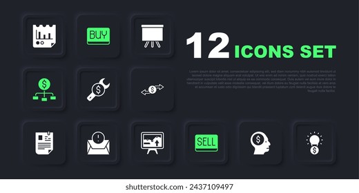 Set Business man planning mind, Light bulb with dollar, Repair price, Sell button, Hierarchy, Envelope, Buy and Monitor graph chart icon. Vector